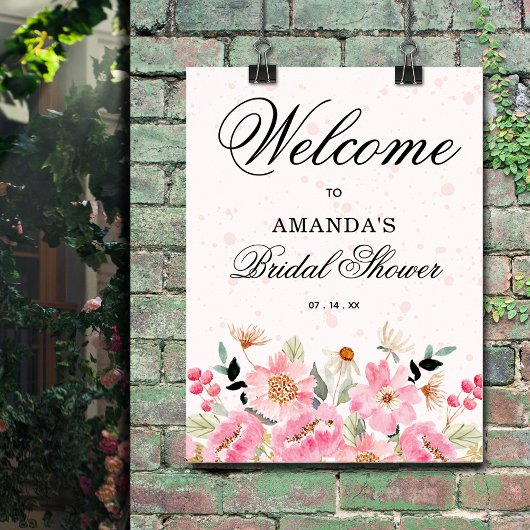 Rosa Wildblumen Brautparty Begrüßungszeichen Poster