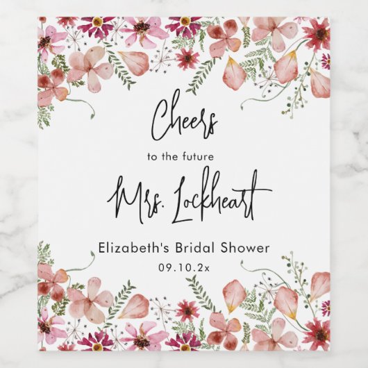 Rosa Wildblumen Brautparty Gefallen Weinetikett (Einzelnes Label)