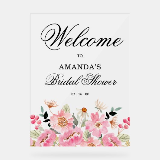 Rosa Wildblumen Brautparty Willkommen Acrylschild (Vorderseite)