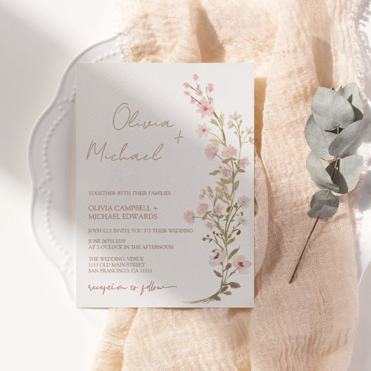 Rosa Wildblumen Garten Hochzeit Rose Gold Folieneinladung