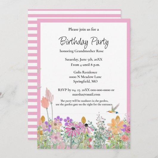 Rosa Wildblumen Geburtstagsparty Einladung (Vorne/Hinten)