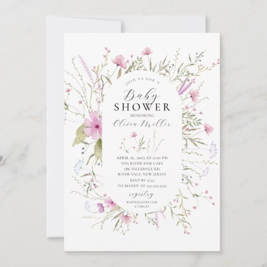 Rosa Wildblumen Kinderdusche Einladung (Vorderseite)