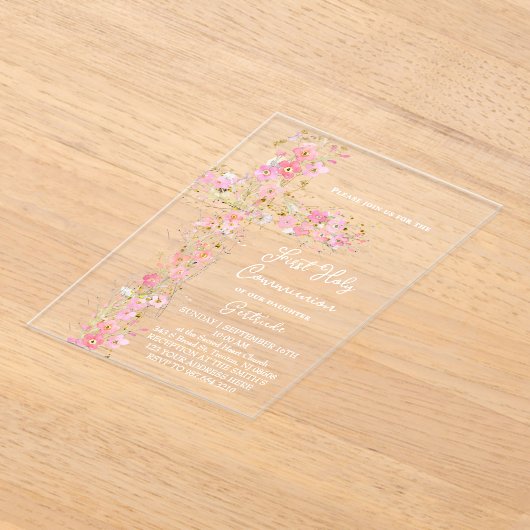 Rosa Wildblumen kreuzen Erste Heilige Kommune Acryleinladungen (Ablage )