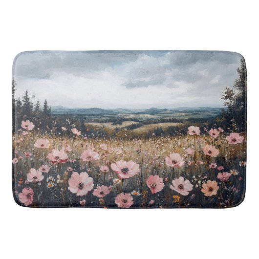 Rosa Wildblumen Landschaft Badematte (Vorderseite)