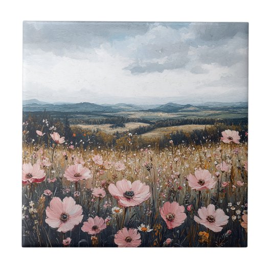 Rosa Wildblumen Landschaft Fliese (Vorderseite)