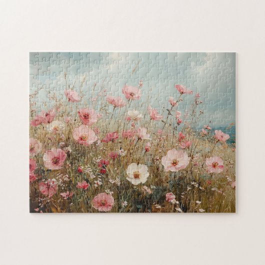 Rosa Wildblumen Landschaftliche Malerei Puzzle (Horizontal)