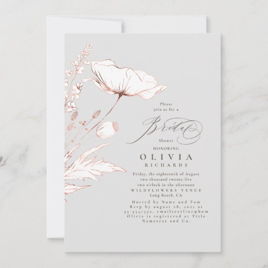 Rosa Wildblumen Leichtes Brautparty mit grauem Chi Einladung (Vorderseite)