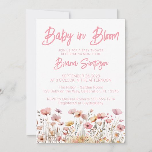 Rosa Wildblumen Mädchendusche Einladung (Vorderseite)