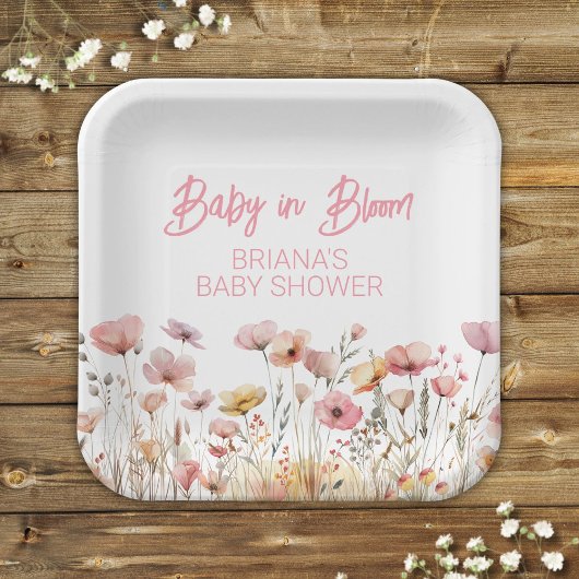 Rosa Wildblumen Mädchendusche Pappteller