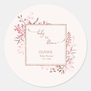 Rosa Wildblumen-Rand 'Baby in Blüte' Baby Shower Runder Aufkleber