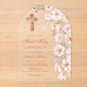 Rosa Wildblumen und Bögen Erste Kommune Acryleinladungen (Vorderseite)