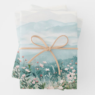 Rosa Wildblumen und Gebirge - Deko Geschenkpapier Set