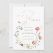 Rosa Wildblumen und Schmetterlinge Hochzeiten Einladung (Vorderseite)