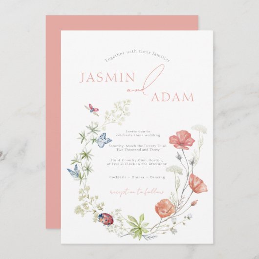 Rosa Wildblumen und Schmetterlinge Hochzeiten Einladung (Vorne/Hinten)