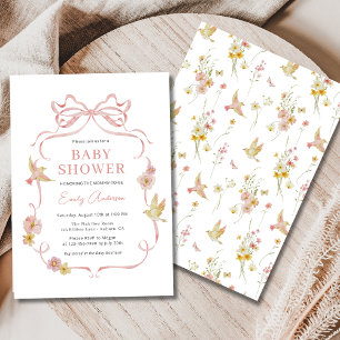 Rosa Wildblumen-Vögel-Bogen Mädchen Baby Shower Einladung