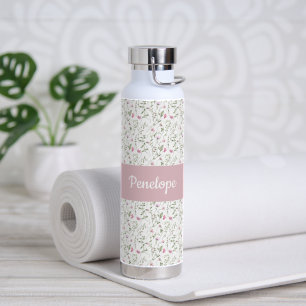 Rosa Wildblumen-Wasserfarbe-Monogramm-Name Trinkflasche