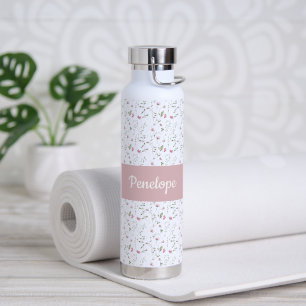 Rosa Wildblumen-Wasserfarbe-Monogramm-Name Trinkflasche