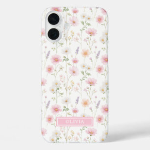 Rosa Wildblumen-Wasserfarben-Monogramm iPhone 16 Plus Hülle