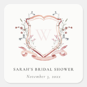 Rosa Wildblumen-Wasserfarben-Wappen-Junggesellinne Quadratischer Aufkleber