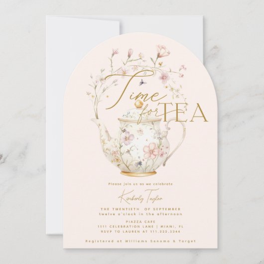 Rosa Wildblumen Zeit für Tee-Brautparty-Party Einladung (Vorderseite)