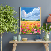 Rosa Wildblumenfeld Blumen-Wasserfarbenmalerei Poster