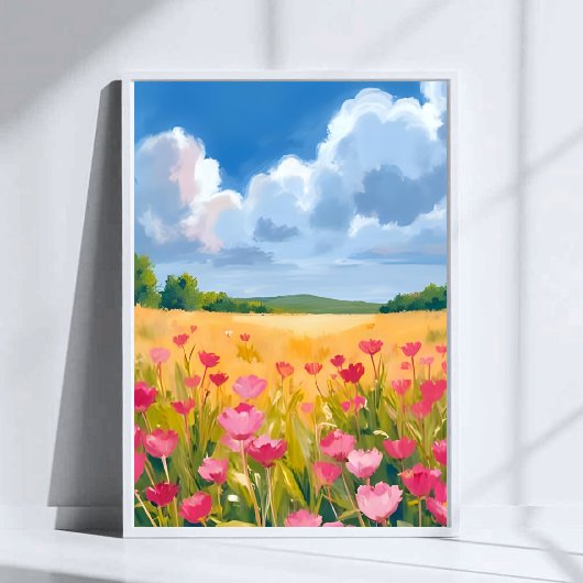 Rosa Wildblumenfeld Blumen-Wasserfarbenmalerei Poster