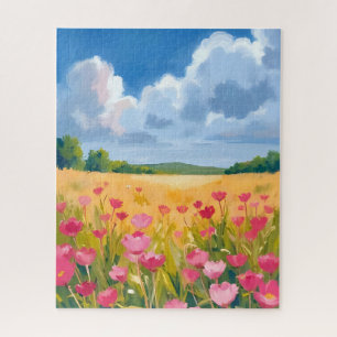 Rosa Wildblumenfeld Florale Aquarellmalerei Puzzle