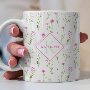 Rosa Wilde Blume Illustriert Monogramm Kaffeetasse