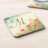 Rosa Wilde Blume in Feld Monogram Drink Untersetze Untersetzer (Linke Seite)