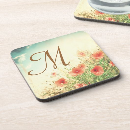 Rosa Wilde Blume in Feld Monogram Drink Untersetze Untersetzer (Linke Seite)