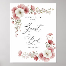 Rosa Wilde Blumen Brautparty-Gästebuch-Schild Poster