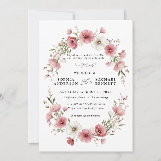 Rosa Wilde Blumen Hochzeitseinladung Einladung (Vorderseite)