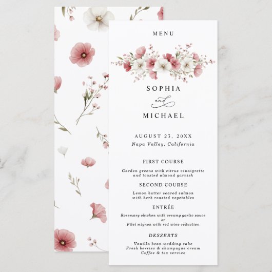 Rosa Wilde Blumen Hochzeitsmenü Menükarte (Vorne/Hinten)