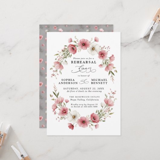 Rosa wilde Blumen Hochzeitsprobe-Dinner Einladung (Vorderseite/Rückseite Beispiel)
