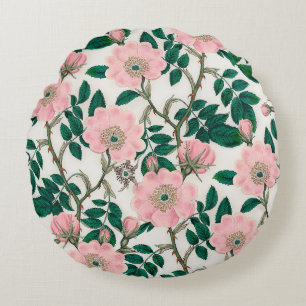 Rosa Wildrosen-Blumen & Grünes Blätter-Muster Rundes Kissen