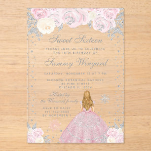 Rosa Winter Blond Haar Prinzessin Sweet Sixteen Acryleinladungen