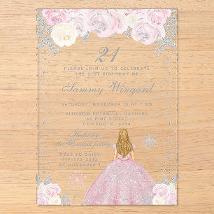 Rosa Winter Blonde Haar Prinzessin Geburtstagspart Acryleinladungen