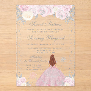 Rosa Winter Braunes Haar Prinzessin Sweet Sixteen Acryleinladungen