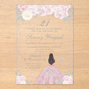 Rosa Winter Braunhaarige Haar Prinzessin Geburtsta Acryleinladungen