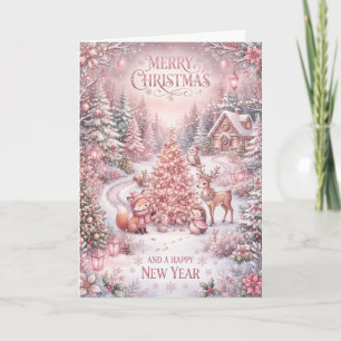 Rosa Winter Cottage Hirsch Weihnachtskarte Karte