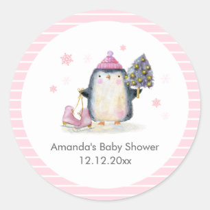 Rosa Winter-Eislauf-Pinguin-Baby-Party  Runder Aufkleber