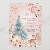 Rosa Winter Onderland Blumenwald Hirsch Geburtstag Einladung (Vorne/Hinten)