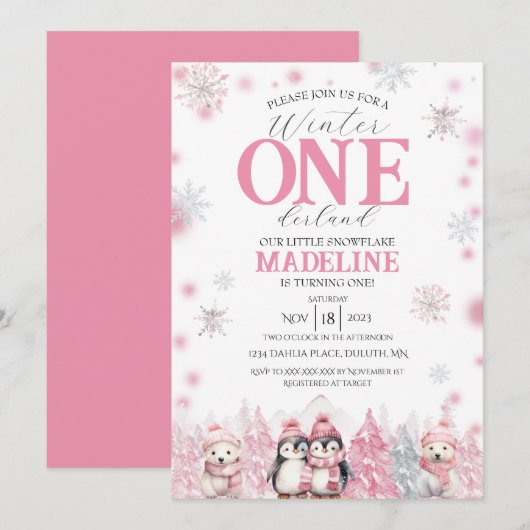 Rosa Winter ONEderland Einladung (Vorne/Hinten)