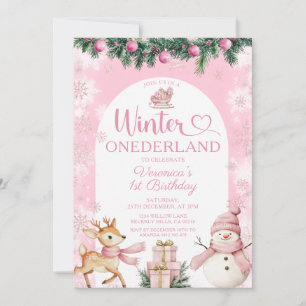 Rosa Winter Onederland Mädchen Geburtstag Schneefl Einladung