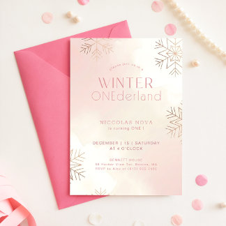 Rosa Winter Onederland-Schneeflocke 1. Geburtstag Einladung