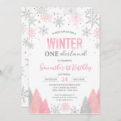 Rosa Winter Onederland Schneeflocken 1. Geburtstag Einladung (Vorne/Hinten)