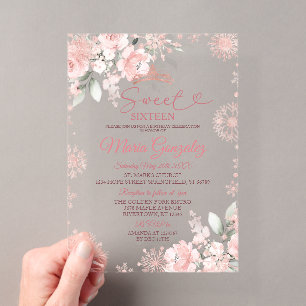 Rosa Winter Rose Gold Blumensaft 16 Geburtstag Acryleinladungen