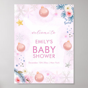 Rosa Winter-Schneeflocken-Blumen-Baby-Shower-Willk Poster
