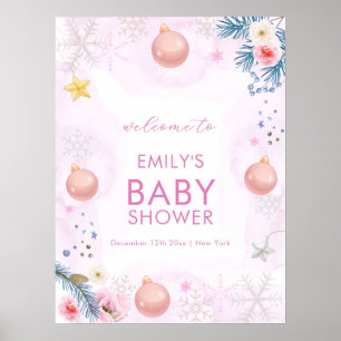 Rosa Winter-Schneeflocken-Blumen-Baby-Shower-Willk Poster