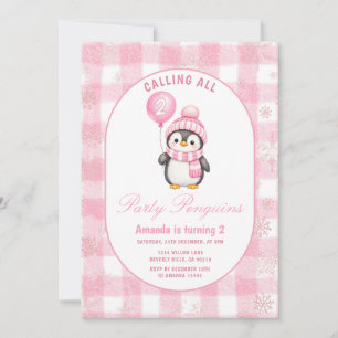Rosa Winter Süße Geburtstagsfeier Pinguin Einladung